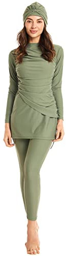 Odizli Muslim Swimsuits for Women Long Sleeve Burkini Full Cover Patchwork Conservative Modest Swimwear Bathing Suit Sport Top+Long Swim Pants+Hijab 3pcs Islamic Clothes Green XL