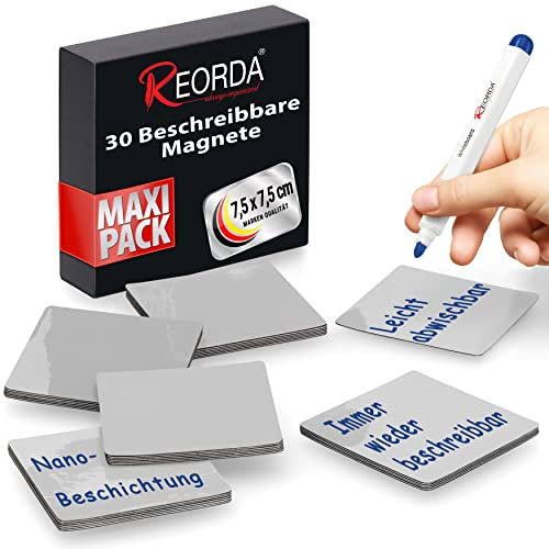 Reorda® Magnetstreifen beschreibbar - 30 Stück wiederbeschreibbar – 7,5 x 7,5 cm (Grau) - Beschreibbare Magnete für Whiteboard, Kanban, Magnettafel oder als beschriftbare Magnete für den Kühlschrank