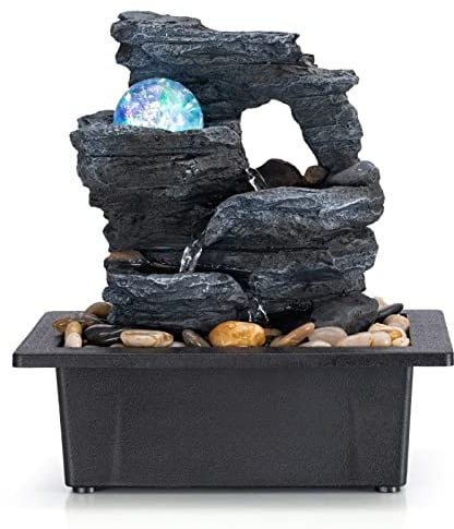 Amootek Tabletop Fountain Rotating Ball Rock Waterfall Fountain Office Includes Many Natural River Rocks Decorated with Colorful Lights, 9.05 L x 6.89 W x 10.23 H