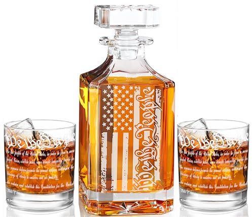 YJGS Whiskey Decanter Set -750ml Whiskey Decanter Engraved We The People American Flag Decanter Set with 2 Glasses, Patriotic Whiskey Gifts for Men, Liquor Decanter Set for Alcohol, Bourbon, Scotch