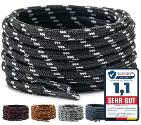 LaceHype 2 Paar - Premium Runde Schnürsenkel [ Ø4,5 mm ] Polyester für Arbeitsschuhe, Stiefel, Outdoorschuhe und Sportschuhe reißfeste Schuhbänder (Schwarz/Weiß, 110cm)