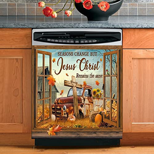 Farmhouse Pumpkin Decoration Magnet Dishwasher Decal,Fall Harvest Dishwasher Cover for Front,Cross Fridge Magnetic Refrigerator Magnets Sticker Thanksgiving Appliance Panel Cover 23x17