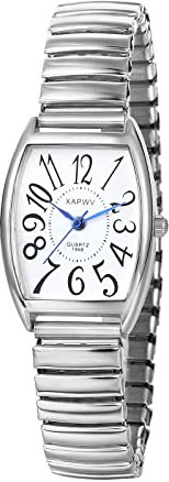 JewelryWe Uhren Damen Analog Quarz Armbanduhr Klassisch Rechteckig Elastisch Legierung Armband Beiläufige Uhr Damenuhr mit weißem großen Digital Zifferblatt Silber