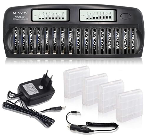 CITYORK Chargeur de batterie intelligent 16 emplacements AA/AAA NiMH - Protection IC intégrée - Avec fonction de décharge et écran LCD - Avec 8 piles AA de 3000 mAh et 8 piles AAA haute capacité de