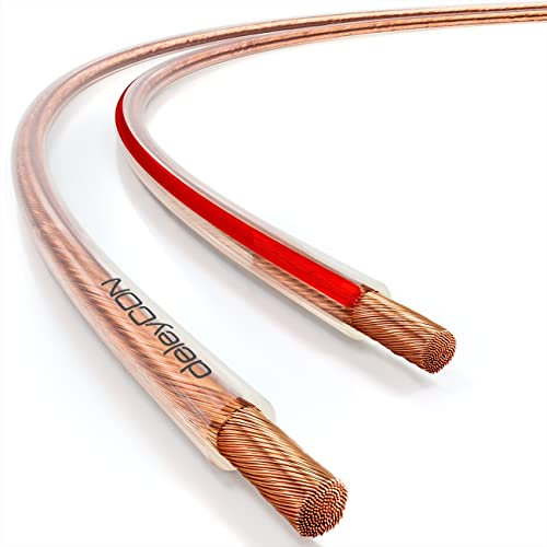 deleyCON 10m Cable para Altavoz 2x 1,5 mm² - Cobre Puro - Cable de Altavoz OFC - Cable de Audio para Altavoces HiFi y Surround - Marcado de polaridad - Transparente