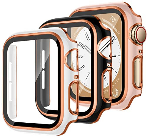 3 Pièces Coque pour Apple Watch SE/2 40mm 44mm Series 6 5 4 Écran de Verre de Protecteur,iwatch Coque PC Rigide Protection d'écran Écran Coque pour Apple Watch Serie 9 8 7 41mm 45mm
