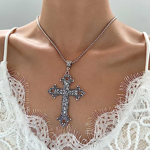 Wendalern Gothic Silver Cross Necklace Large Engraved Flower Cross Necklace Vintage Religious Cross Pendant Necklace Italian Box Link Chain Necklace Jewelry for Women Men