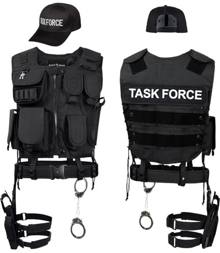 Black Snake® SWAT FBI Police Security Kostüm inkl. Einsatzweste, Pistolenholster, Gürtel, Handschellen und Baseball Cap (TASK FORCE, XS-S)
