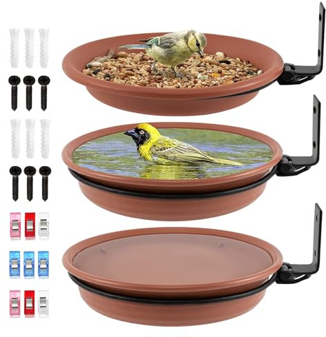 Grantop 3 Stück Vogelfutterspender Und Vogeltränke Set, Vogeltränke Für Balkongeländer, Wassertränke für Vögel, Vogelfutterhaus Balkongeländer Rund Mit Wandhalterung,Anlocken Von Wildvögeln