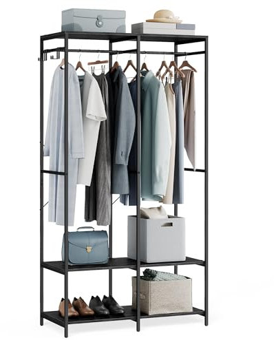 SONGMICS Kleiderschrank offen, Kleiderständer, Garderobenständer, Garderobe mit Kleiderstange, Ablagen, abnehmbare Haken, 40 x 94,5 x 180 cm, ebenholzschwarz RGR004B56