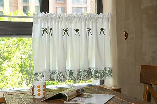 Yaland Rideau brise-bise de style maison de campagne avec bord en flocons et nœuds ludiques, pour cuisine, translucide, fil de bistrot, prêt à l'emploi, avec tirette à tige, 1 pièce, blanc, lxH