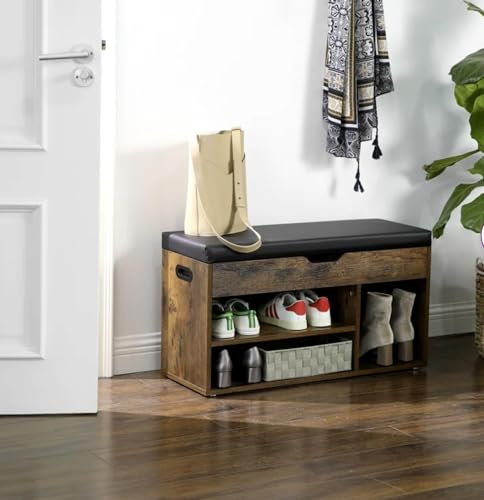 FEFE Hallway Shoe Storage Bench Industrial Style Wooden Organizer Padded Cushion Seat Stool Lift Up Seat Shoe Storage