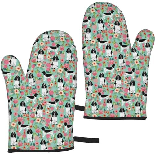English Springer Spaniel Dog Breed Florals Dog Oven Gloves,Heat Resistant Baking Mitts Non-Slip Kitchen Oven Mitts 1 Pair