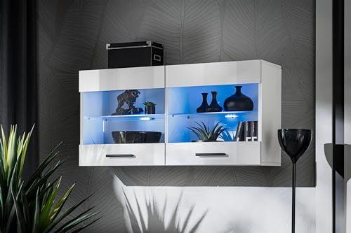 Komodee, Vitrine Armoire Savona, Blanc Blanc, Largeur 100 cm x Hauteur 50 cm x Profondeur 30 cm, LED Bleues, 2 étagères, pour Salon, Chambre, Entrée, Cuisine