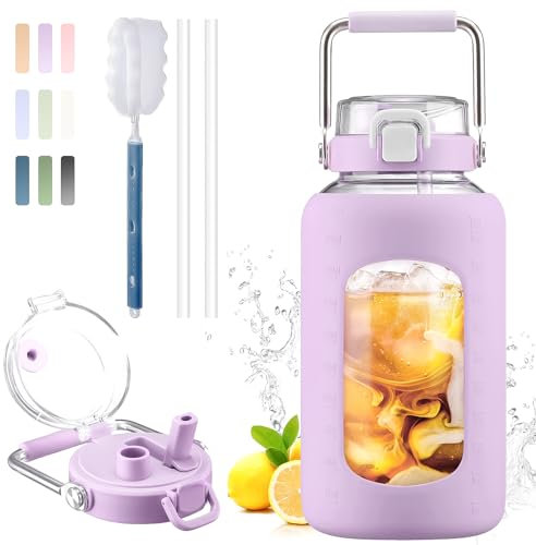 BLUEGO 2500ml Bouteille d'eau en verre avec poignée en acier inoxydable 2,5L Grande Gourd avec marqueurs de temps et manchon en silicone Carafe à eau Sans BPA pour sport, Violet