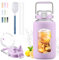 BLUEGO 2500ml Bouteille d'eau en verre avec poignée en acier inoxydable 2,5L Grande Gourd avec marqueurs de temps et manchon en silicone Carafe à eau Sans BPA pour sport, Violet