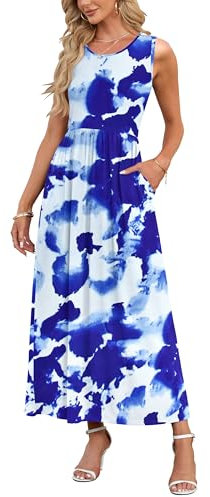 AUSELILY Summer Dresses for Women Casual Sleeveless Maxi Dress Loose Long Dresses with Pockets Flowers Blue White XL
