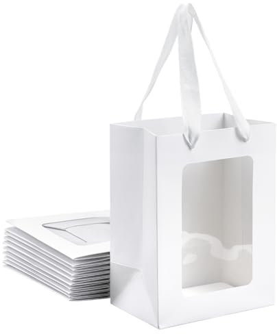 NBEADS 12 Pcs Sacs Cadeaux en Papier Kraft avec Fenêtre Transparente, 20x15x10.3cm Sacs Fourre-Tout en Papier avec Poignées Boîte de Cadeau en Kraft pour Anniversaire Fête Prénuptiale Festival, Blanc