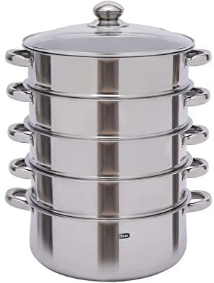 5 Layer Food Steamer Pan/Stock Pot, Steamer Stainless Steel Steamer Cooker Pot Set with Glass Cover for Solenoid Stove Gas Stove Electric Ceramic Furnace, 32 x 40cm, Silver