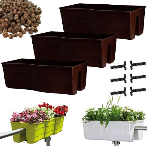 DIKEL 3X Caja de barandilla - Maceta de Interior y Exterior - Maceta - Maceta de balcón - Maceta Decorativa - Wave 60 + Arcilla expandida 5l - 290x585x200mm - marrón