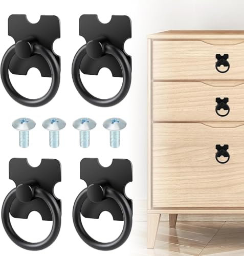 Taoduod 4 pcs Drawer Handles and Ring Pull Vintage Drawer Knobs Pulls Handles Black Single Hole Ring Cabinet Handle TV Cabinet Drawer Handle with 4 Screws for Cabinet Wardrobe Cupboard Dresser