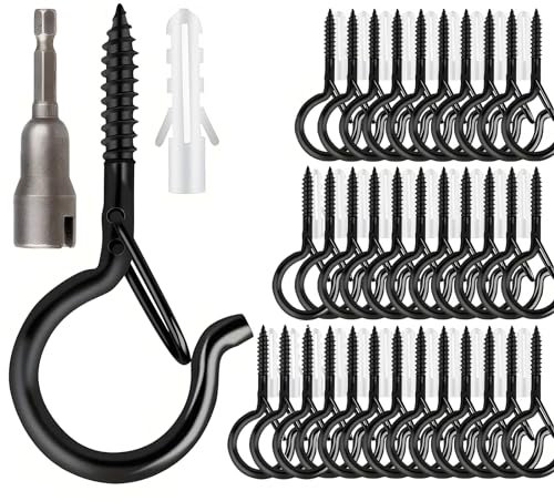 35PCS Black Q Hanger Screw Hooks, 2.2inch With Safety Buckle, Windproof Outdoor Light Wire Ceiling Eye Hooks for Hanging Plants, Fairy Lights, Bird Feeder