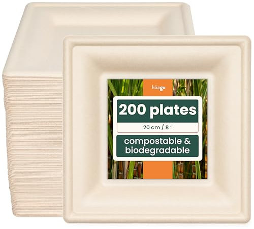 HAAGO 200 Premium Zuckerrohr Bagasse Einwegteller, (Eckig) 20cm - Stabil, Biologisch Abbaubar, Umweltfreundlich & Kompostierbar