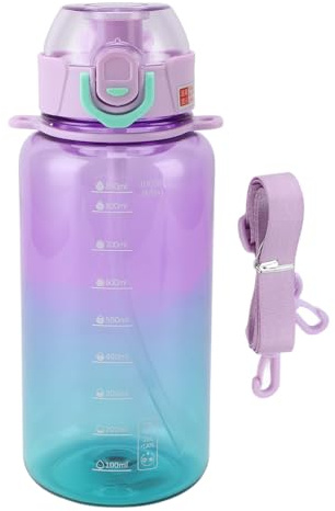 GLOGLOW Trinkflasche, 1000 ml Lila Wasserflasche mit Strohhalm Auslaufsicher Abnehmbarer Schultergurt Sportflasche für Fitness Fahrrad Büro Schule Outdoor Erwachsene Yoga Sprudel geeignet
