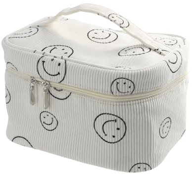 Shengxi Kosmetiktasche Kordsamt Kosmetiktasche Lächeln Waschtasche Multifunktionaler Reisen Kulturtasche für Damen Groß Kapazität Tragbare Kulturbeutel mit Bürstenfach, Beige