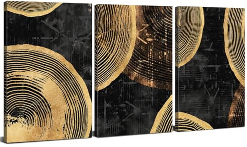 Set of 3 Black and Gold Wall Art Golden Wood Tree Rings Wall Decor for Living Room Abstract Gold Line Canvas Prints Modern Nordic Framed Artwork for Bedroom Bathroom Home Wall Decorations 30x40cm