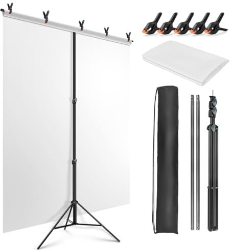 JEBUTU White Backdrop with Stand 1.5m x 2m (5ft x 6.5ft), 1.5m x 2m White Photography Backdrop Kit for Photography, Product Portrait, Video Recording, Shooting, Photoshoot
