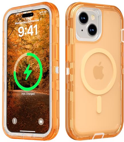 Follaroma for iPhone 15 Case, Compatible with MagSafe, Dual Layer Transparent Magnetic Phone Cases, Heavy Duty Shockproof and Anti-Drop Protective Cover for iPhone 15, 6.1'', Orange