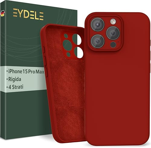 EYDELE Quadrupla Protezione per iPhone 15 Pro Max - Case Rigido | Fodera in Microfibra | Custodia Silicone Anti Impronta - Cover Rosso fuoco
