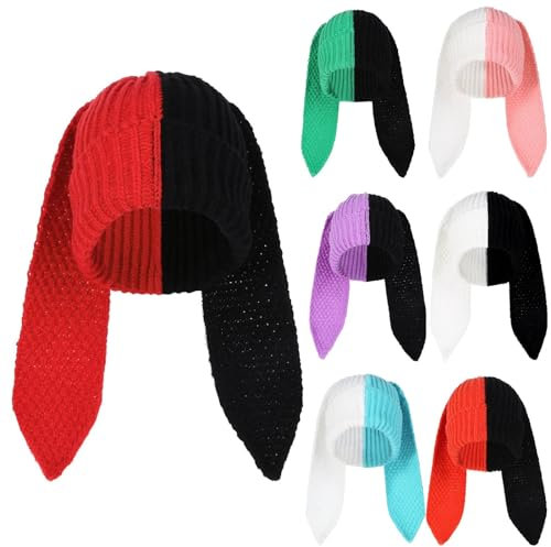 Bonnet tricoté pour femme - Chaud - Avec oreilles de lapin - Kawaii - Bloc de couleur - Bonnet d'hiver - Bonnet tricoté pour femme - Bonnet d'hiver, rouge, taille unique