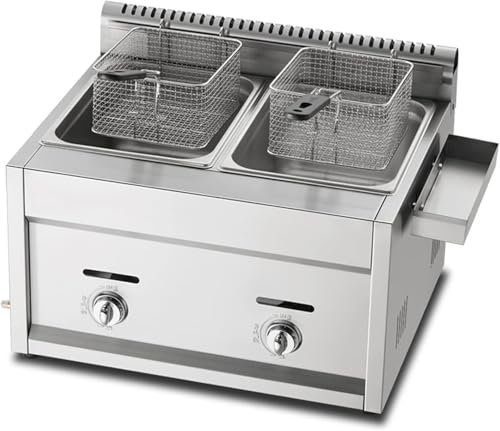 Freidora comercial de gas GLP – Tanques dobles con capacidad de 10 L, construcción de acero inoxidable, incluye 2 cestas y tapa, ideal para cocina doméstica y restaurantes