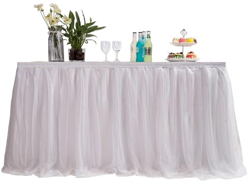 14ft / 427cm Weiß Tischrock, romantische Tüll Schreibtisch Gaze, Tischdekoration, Schneeflocke Wonderland Tutu Tischdecke, für Babyparty,Hochzeit,Geburtstag,Party,Valentinstag Weihnachten