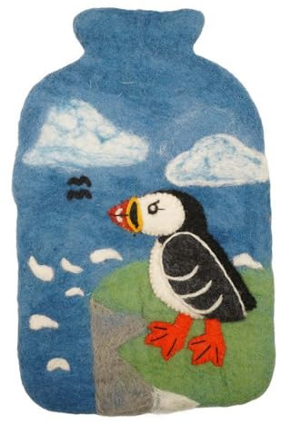 Pachamama Handfelted 100% Wool Hot Water Bottle Cover and 2 Litre Hot Water Bottle - Puffin Bird Pattern Handmade Fair Trade Multicoloured Thermal