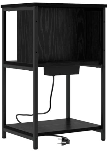 vidaXL Black Oak Engineered Wood Nightstand with USB Port, 38 x 31 x 61 cm, Textured Surface, Stylish Minimalist Design, Practical Night Cabinet, Storage for Accessories, Companion for