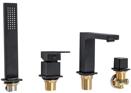 4 Loch Wannenrandarmatur, Badewannenarmatur mit Handbrause, Fliesenrandarmatur Chrom Wannenrand, Einhebelmischer mit Handbrause, Kaltes und Heißes Badarmatur Badewanne (Schwarz)
