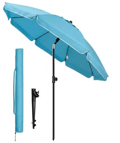 VOUNOT® 2m Tilting Garden Parasol with Ground Anchor, Beach Umbrella with Carry Bag, UV 50+, Adjustable Outdoor Parasol for Patio, Deck & Table, Turquoise
