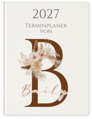 Personaliserter Buchkalender 2027 Din A5 | Hardcover Terminplaner mit Name | Wochenplaner & Jahresplaner | 320 Seiten | Weißes Cover mit Blindprägung - Manufaktur Liebevoll (Brauner Buchstabe)