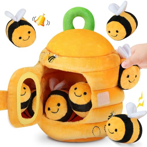 Vicloon Jouet en Peluche Bebe de 0 à 9 Ans, Ruche en Peluche avec 5 Abeilles, Jeux Montessori avec Hochets, Miroirs, Jouets Sensoriel Interactifs pour Enfant Garçon Fille