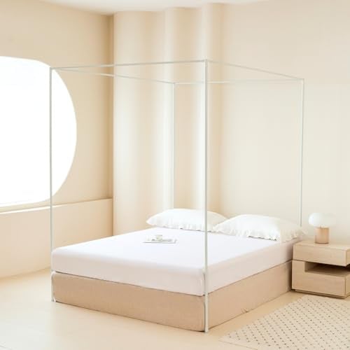Potaosey Weiß Himmelbett Gestell B140 x L200 x H200 cm Vier Poster Bettrahmen Aus Metall Betthimmel Rahmen Vier Eckbett Betthimmel Rahmen Für EIN renoviert für die Wohnung