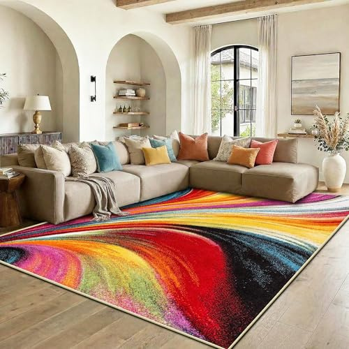 WQMMD Bunt Waschbare Teppiche 200x300cm Kinderzimmer Kurzflor rutschfest Moderne Wellen Muster Geometrische Teppich Maschinenwaschbar für Wohnzimmer Esszimmer küche Schlafzimmer (Rot Gelb Orange)