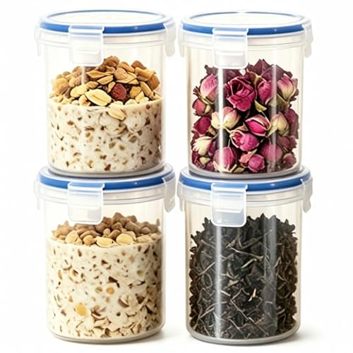 Habwah Round Food Containers with Lids, Airtight Plastic Reusable Snack Pots with Clip Lock, Leak-proof Small Storage Container Set, Stackable for Yoghurt, Fruit, Snack, 4 Pack, 500ml