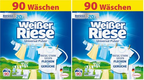 Weißer Riese Universal Pulver (90 Waschladungen), Vollwaschmittel mit riesiger Waschkraft schon ab 20° C, riesig ergiebiges Waschpulver, ideal für Familien mit Kindern (Packung mit 2)