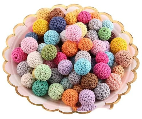 Paryou Perline all'uncinetto, 20 mm, rotonde, in legno, con foro, 30 pezzi, colorate, fatte a mano, per gioielli e braccialetti fai da te