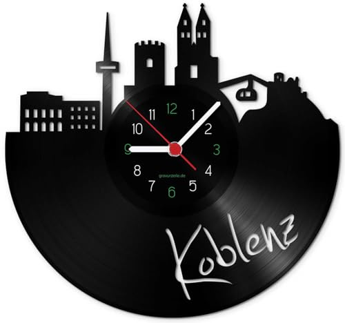 GRAVURZEILE Schallplattenuhr - Skyline Koblenz - Wanduhr aus gegossenem Vinyl mit Stadt Skyline 30 cm - Upcycling Designer Uhr - Moderne Wanduhr im Retro Vintage Style - Made in Germany
