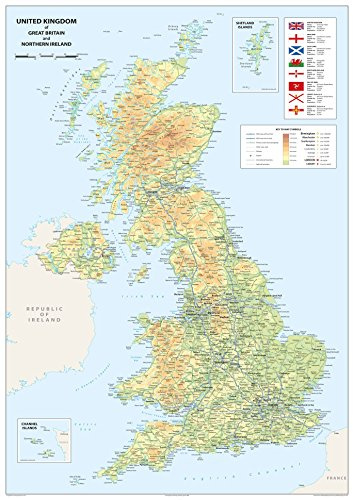 Physical Map of the United Kingdom of Great Britain and Northern Ireland | Size 100 X 70 Cm - Paper Laminated
