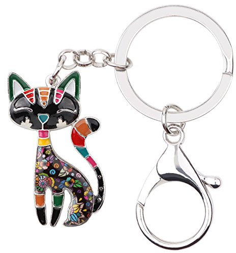 BONSNY Alliage d'Émail Chat Mignon Chaton Porte-Clés Animaux de Compagnie Bijoux pour les Femmes Clés de Voiture Porte-Monnaie Sac À Main Cadeaux Accessoires (Gris)